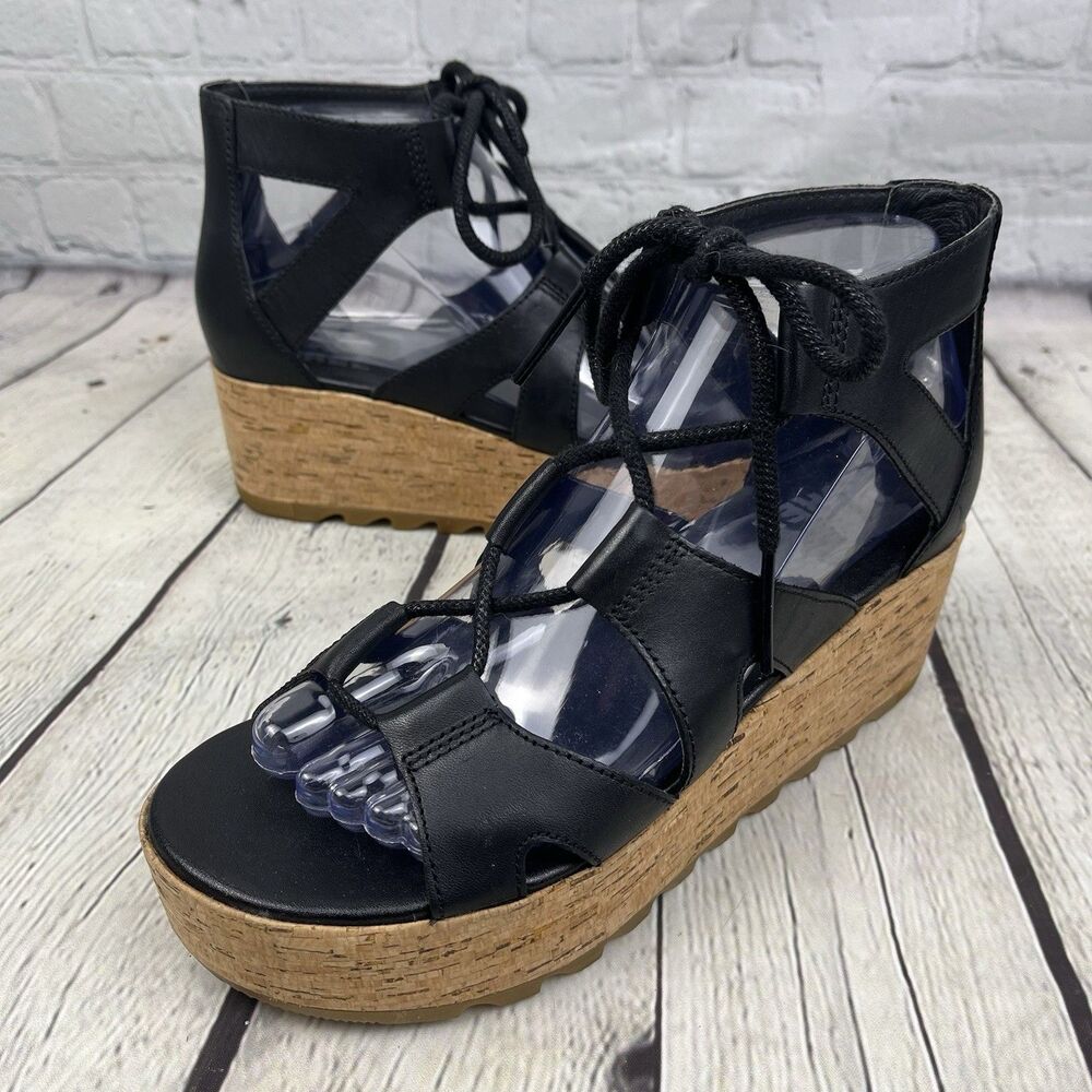 Sorel Black Lace-Up Cork Wedge Sandals